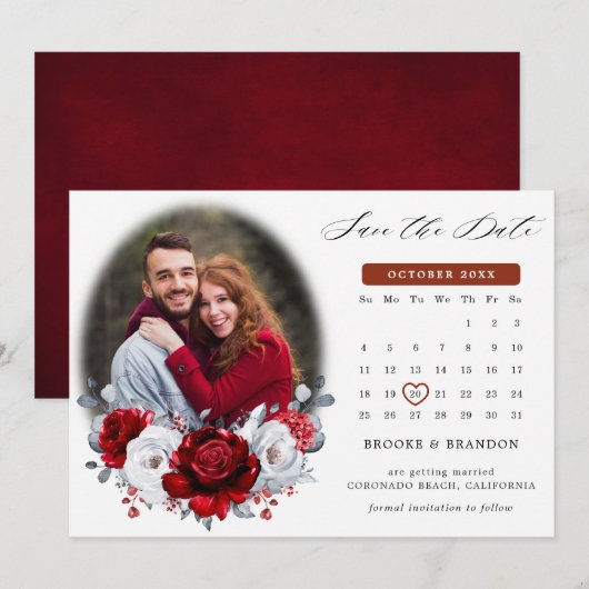 Royal Rood Wit Zilver Metallic Fotokalender Save The Date (Voorkant / Achterkant)