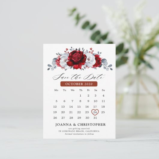 Royal Rood Wit Zilver Metallic Save the Date Briefkaart (Staand voorkant)