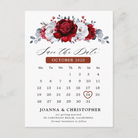 Royal Rood Wit Zilver Metallic Save the Date Briefkaart (Voorkant)