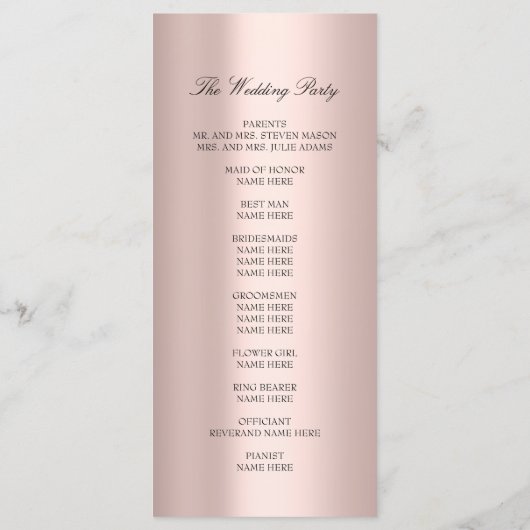 Royal Roos Blush Pink Minimalism Wedding Program Programmakaart (Achterkant)