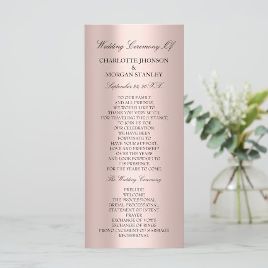Royal Roos Blush Pink Minimalism Wedding Program Programmakaart (Staand voorkant)