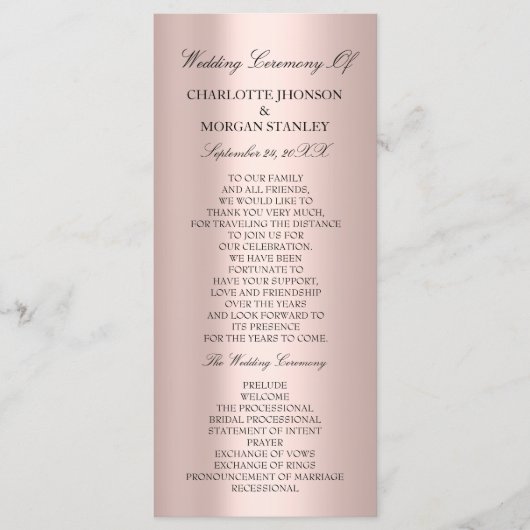 Royal Roos Blush Pink Minimalism Wedding Program Programmakaart (Voorkant)