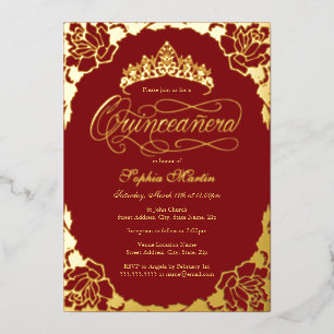 Royal Roos Red Gold Elegant Script Quinceanera Folie Uitnodiging