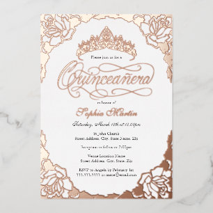 Royal Rose Goud Elegante Script Quinceanera Folie Uitnodiging