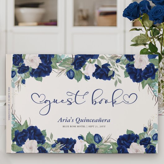 Royal Rozen in blauw met elegante kalligrafie Gastenboek