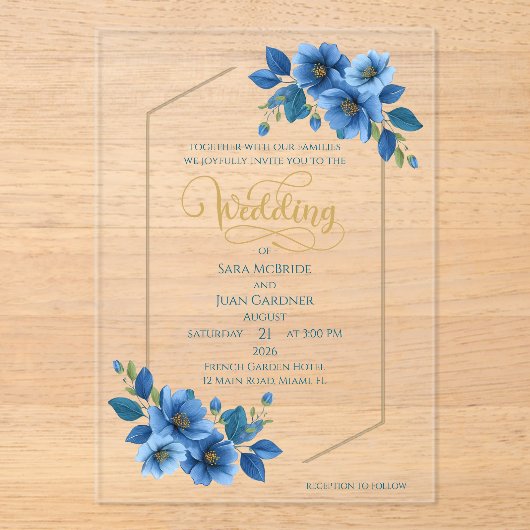 Royal Sapphire Floral Acrylic Wedding Invitation Acryl Uitnodigingen (Voorkant)