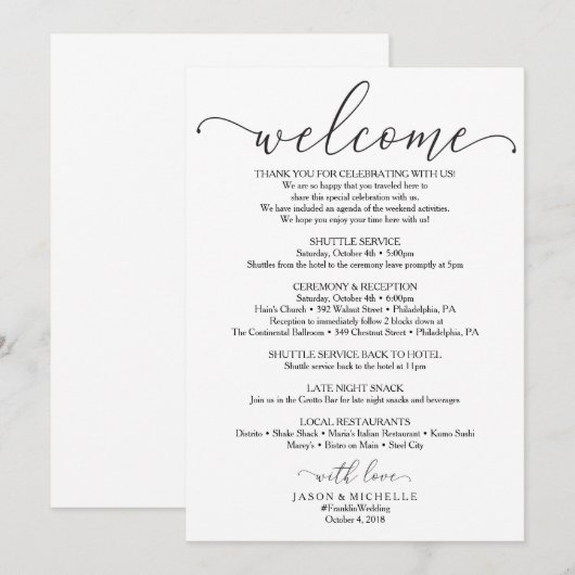 Royal Script Wedding Itinerary - Weddenschap Welzi Kaart (Voorkant / Achterkant)