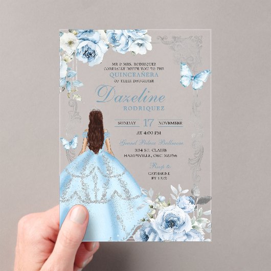 Royal Silver Light Blue Princess Quinceañera Acryl Uitnodigingen (Insitu (Draagbaar))
