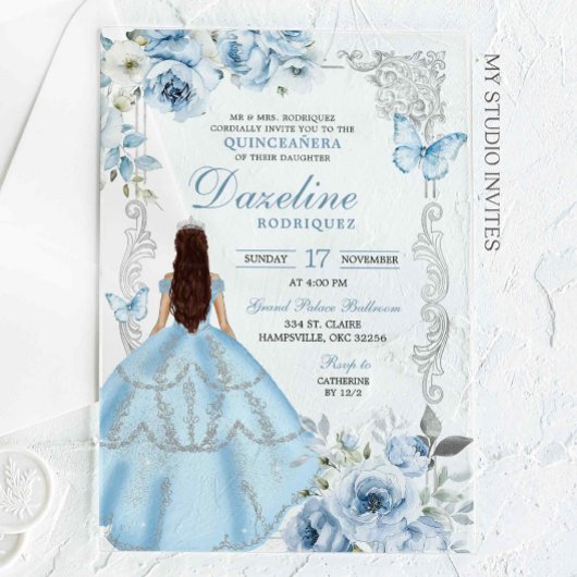 Royal Silver Light Blue Princess Quinceañera Acryl Uitnodigingen