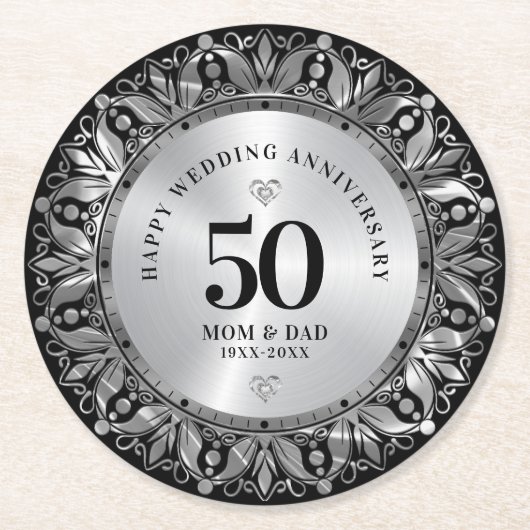 Royal Silver Ornamental Lijst Bruiloft Jubileum Ronde Kartonnen Onderzetter (Voorkant)