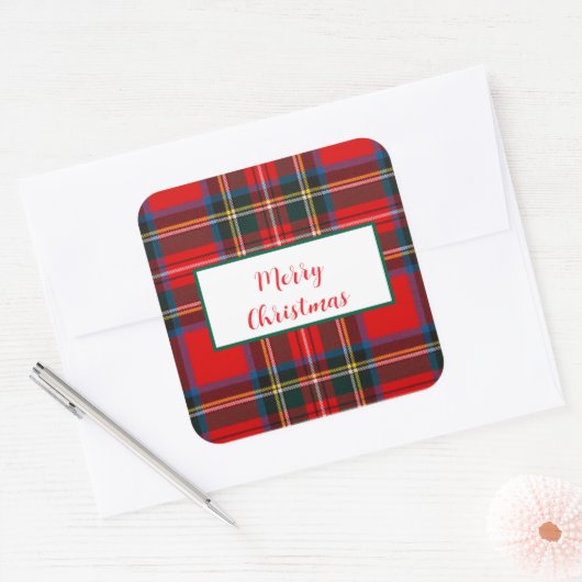 Royal Stewart Christmas MERRY XMAS Plaid Krans Vierkante Sticker (Envelop)