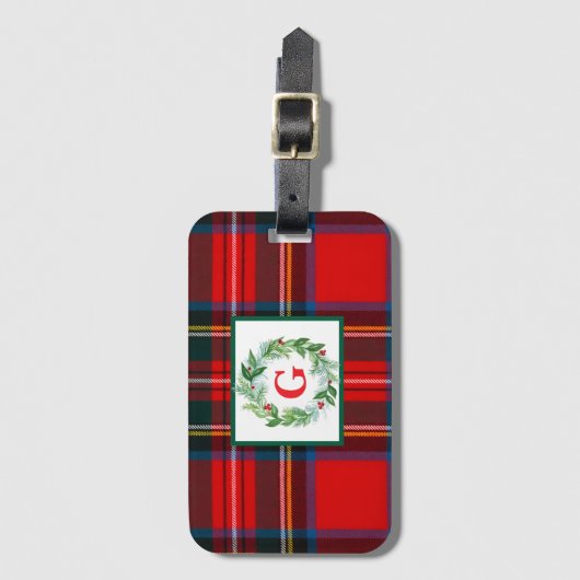 Royal Stewart Christmas MONOGRAM Plaid Wreath Bagagelabel (Voorkant (verticaal))