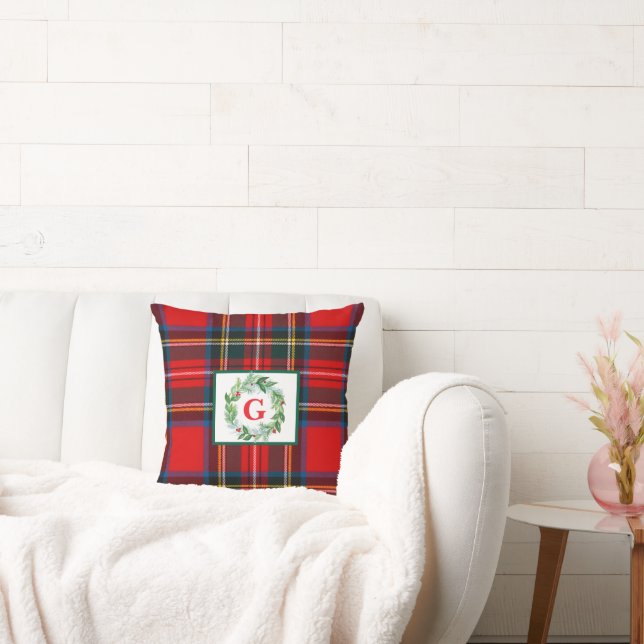 Royal Stewart Christmas MONOGRAM Plaid Wreath Kussen (Bank)