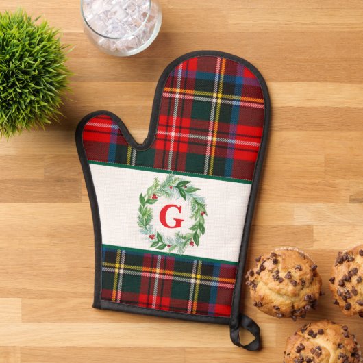Royal Stewart Christmas MONOGRAM Plaid Wreath Ovenwant (Top down)