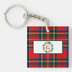 Royal Stewart Christmas MONOGRAM Plaid Wreath Sleutelhanger