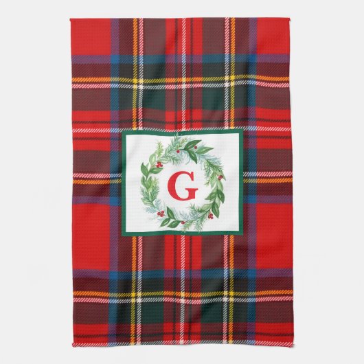 Royal Stewart Christmas MONOGRAM Plaid Wreath Theedoek (Verticaal)