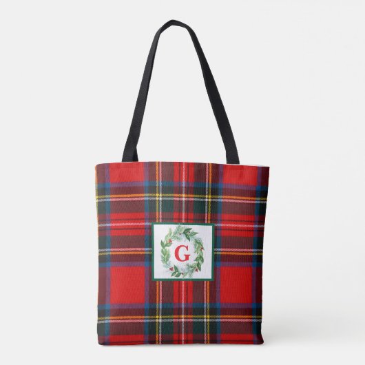 Royal Stewart Christmas MONOGRAM Plaid Wreath Tote Bag (Achterkant)
