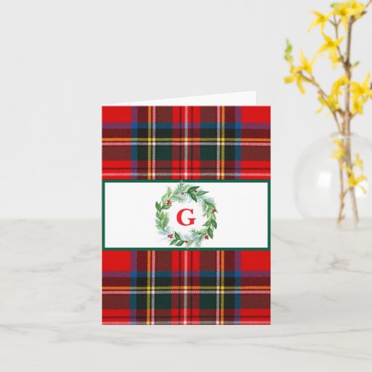 Royal Stewart Kerst Plaid MONOGRAM Krans  Kaart (Gele Bloem)