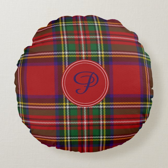 Royal Stewart Tartan Pset Custom Monogram Rond Kussen (Voorkant)