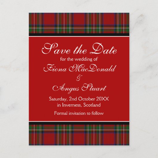 Royal Stuart Tartan Bruiloft Save the Date Briefka Aankondigingskaart (Voorkant)