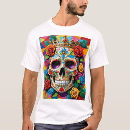 Royal Sugar Skull Art T-shirt met kleurrijke Rozen
