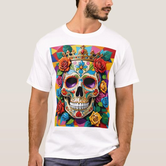 Royal Sugar Skull Art T-shirt met kleurrijke Rozen (Voorkant)