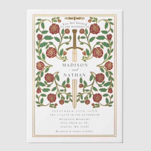 Royal Sword Floral middeleeuwse fantasie bruiloft Vellum Uitnodigingen (Voorkant)