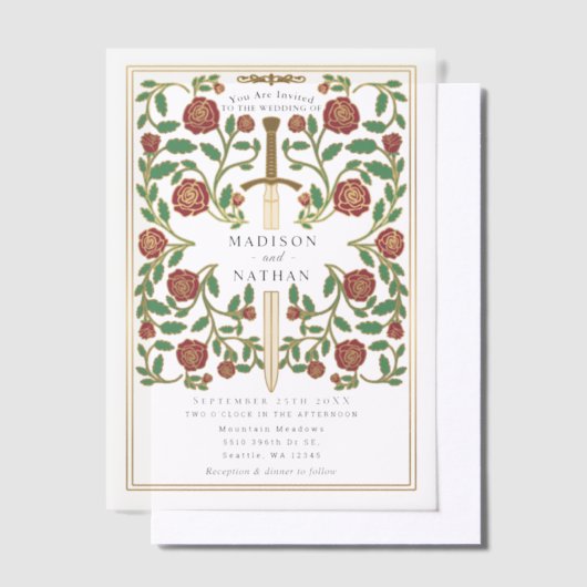 Royal Sword Floral middeleeuwse fantasie bruiloft Vellum Uitnodigingen (Offset)