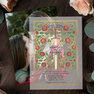 Royal Sword Floral middeleeuwse fantasie bruiloft Vellum Uitnodigingen