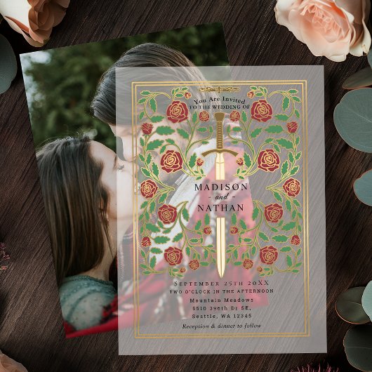 Royal Sword Floral middeleeuwse fantasie bruiloft Vellum Uitnodigingen