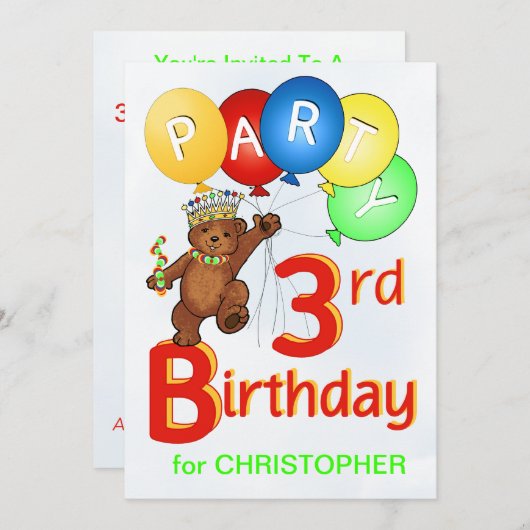 Royal Teddy Bear 3rd Birthday Party Kaart (Voorkant / Achterkant)