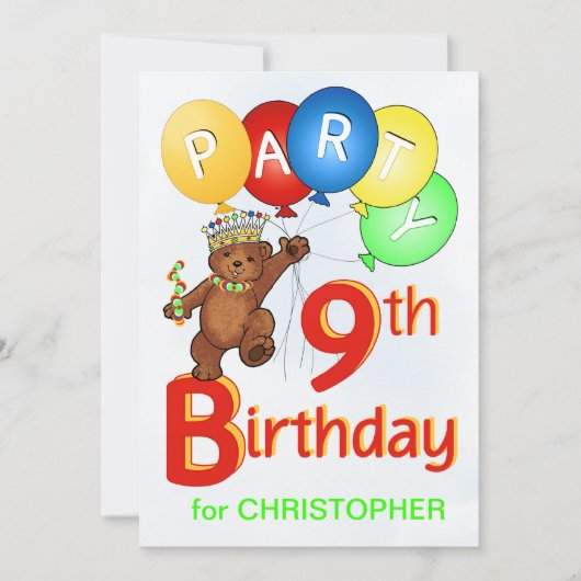 Royal Teddy Bear 9th Birthday Party Kaart (Voorkant)