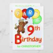Royal Teddy Bear 9th Birthday Party Kaart (Voorkant / Achterkant)