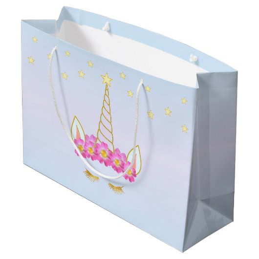 Royal Unicorn, Flowers & Stars on Light Blue Groot Cadeauzakje (Achterkant Gekanteld)