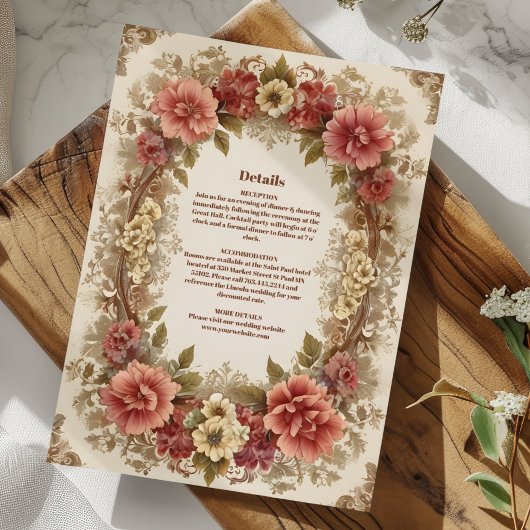Royal Victoriaans Bloemen Ornamenten Bruiloft Informatiekaartje