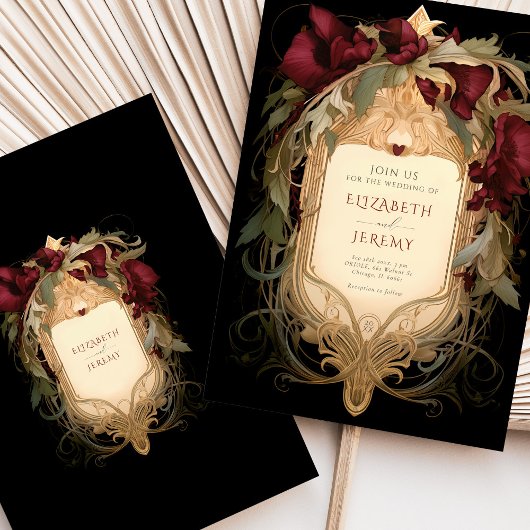 Royal Victoriaans Bruiloft Maroon Bloemen Ornament Kaart