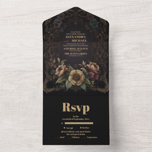 Royal Victoriaans Gothic Bloemen Bruiloft All In One Uitnodiging (Binnen)