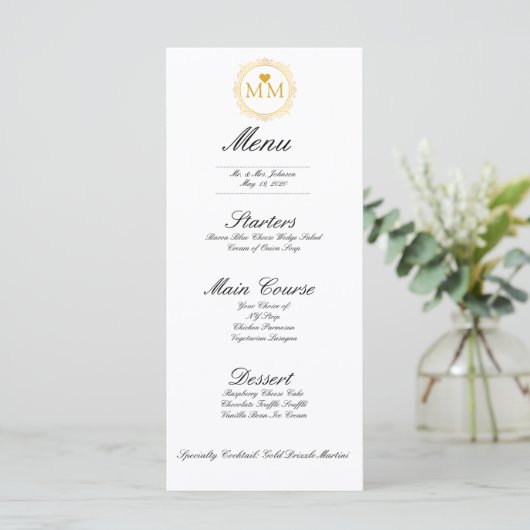 Royal Wedding Gold Heart Monogram | Menu Dinner (Staand voorkant)
