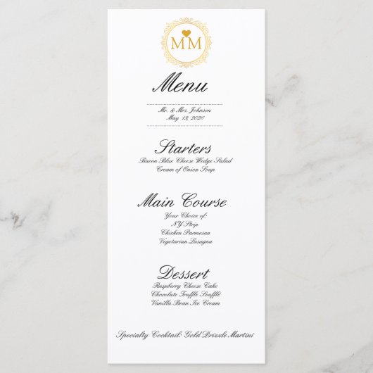 Royal Wedding Gouden Hart Monogram | Diner Menu (Voorkant)