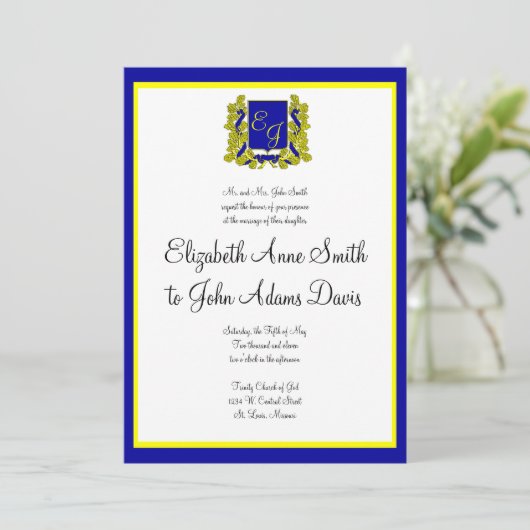 Royal Wedding Invitation Blue en Gold Kaart (Staand voorkant)