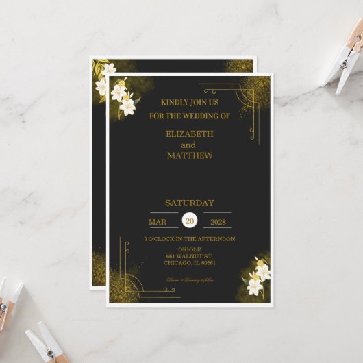 Royal wedding invitation in black and gold kaart (Voorkant / Achterkant in situ)