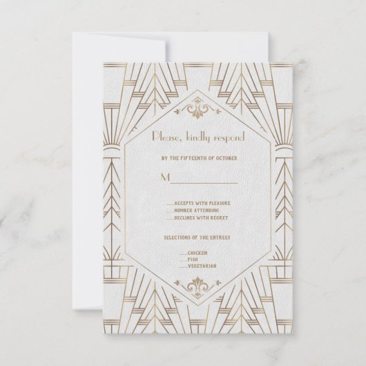 Royal White Gold Great Gatsby Wedding RSVP (Voorkant)