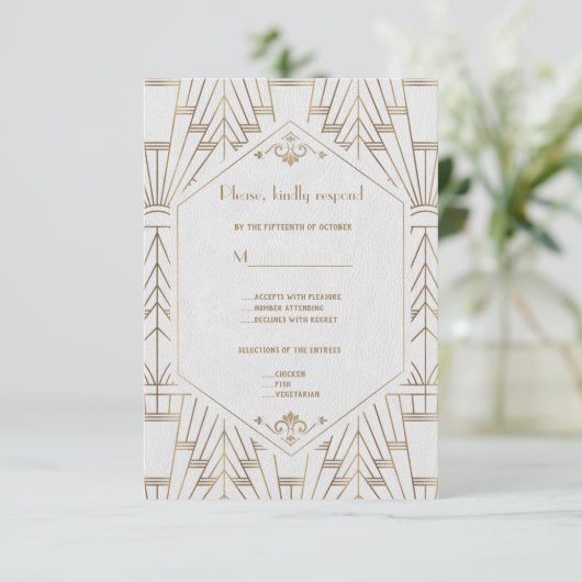 Royal White Gold Great Gatsby Wedding RSVP (Staand voorkant)