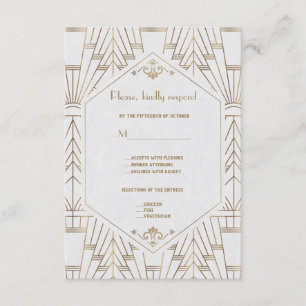 Royal White Gold Great Gatsby Wedding RSVP Kaartje