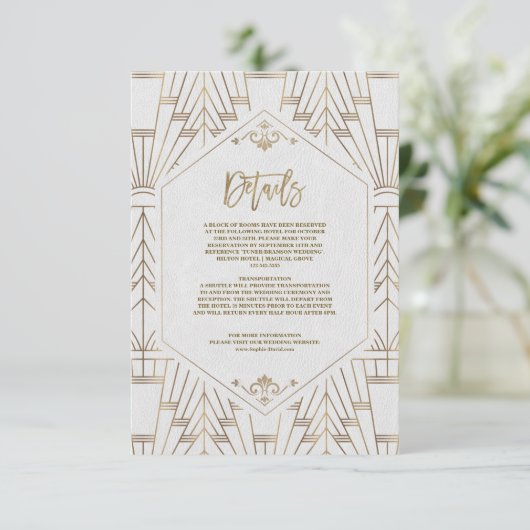 Royal White Goud Great Gatsby Bruiloft Informatiekaartje (Staand voorkant)