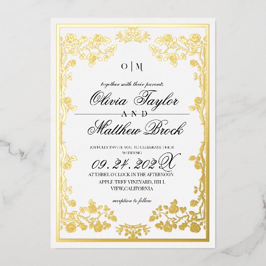 Royal White Goud Versierde Bloemen De Bruiloft van Folie Uitnodiging (Voorkant)