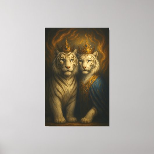 Royal White Tiger Couple – Flaming Crown Edition | Canvas Afdruk (Voorkant)