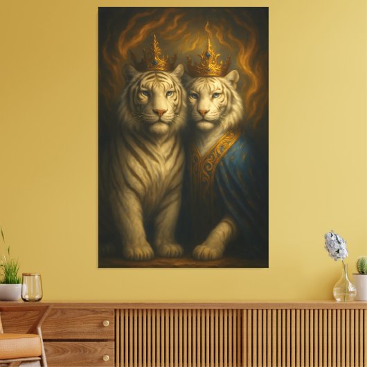 Royal White Tiger Couple – Flaming Crown Edition | Canvas Afdruk (Insitu (Woonkamer))