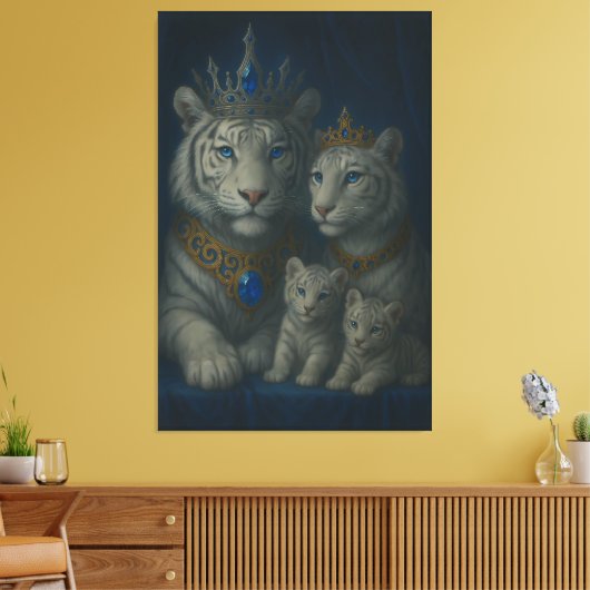 Royal White Tiger Family · Blue Sapphire Crown Can Canvas Afdruk (Insitu (Woonkamer))