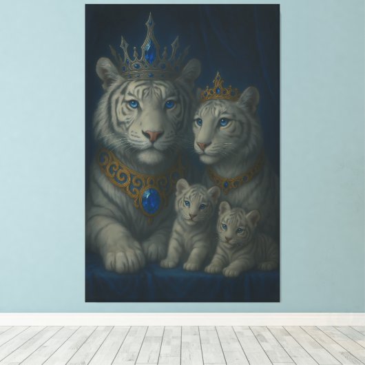 Royal White Tiger Family · Blue Sapphire Crown Can Canvas Afdruk (Insitu (Houten vloer))